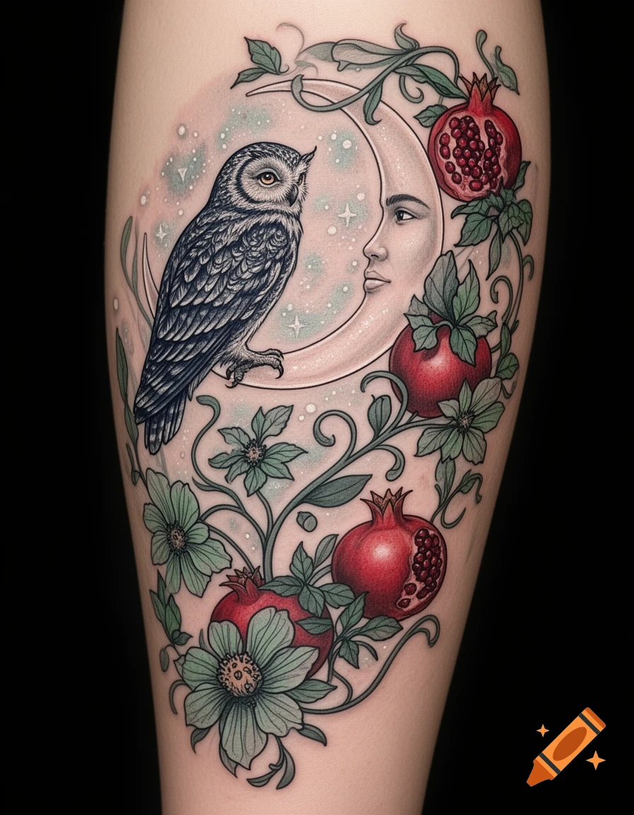 Detailed whimsical tattoo on an arm of an owl on a crescent moon with a face, surrounded by pomegranates and floral vines.