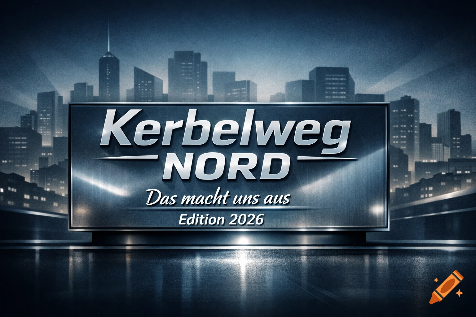 A metallic logo sign with "Kerbelweg NORD Das macht uns aus Edition 2026" in front of a blue-hued night city skyline.