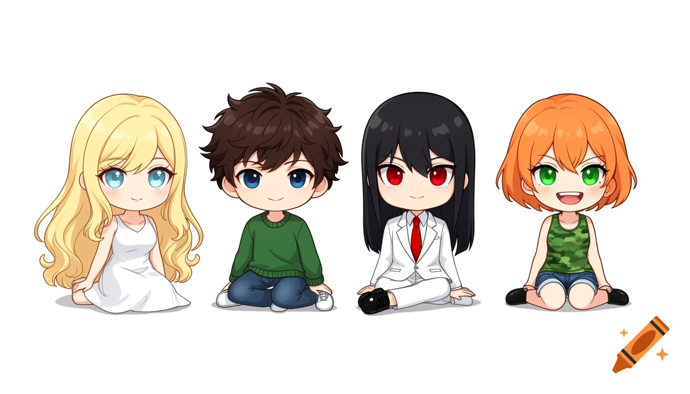 Four chibi characters, a blonde woman, a brown-haired man, a black-haired woman, and an orange-haired woman, sit in a line on a white background.