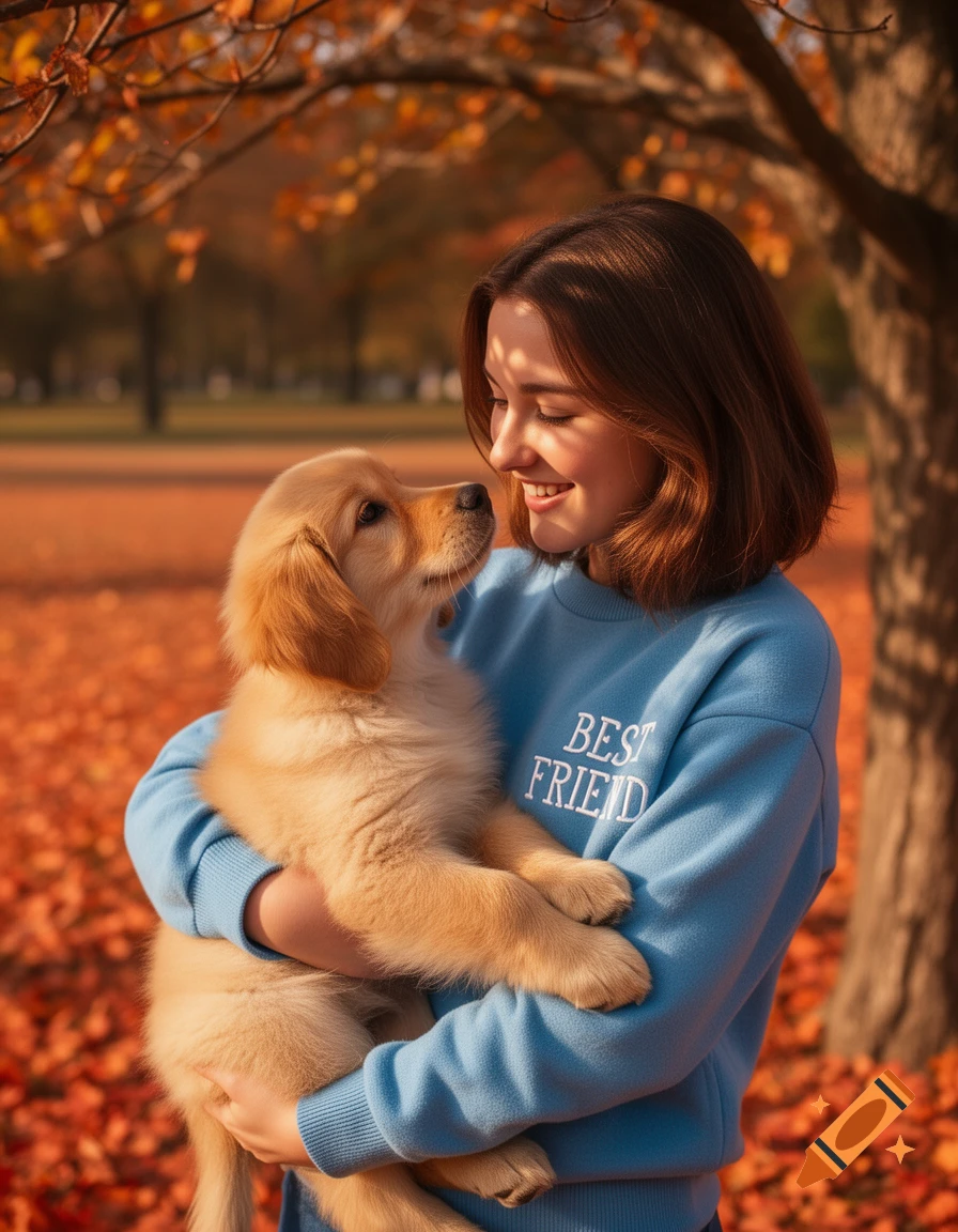 A young woman smiles while holding a golden retriever puppy in an autumn park.