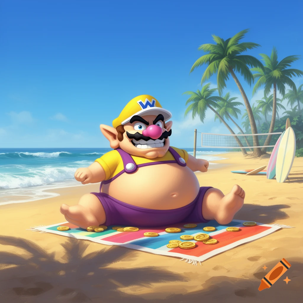 Wario with a huge belly sits on a colorful blanket on a sunny beach, with palm trees and a volleyball net in the background.
