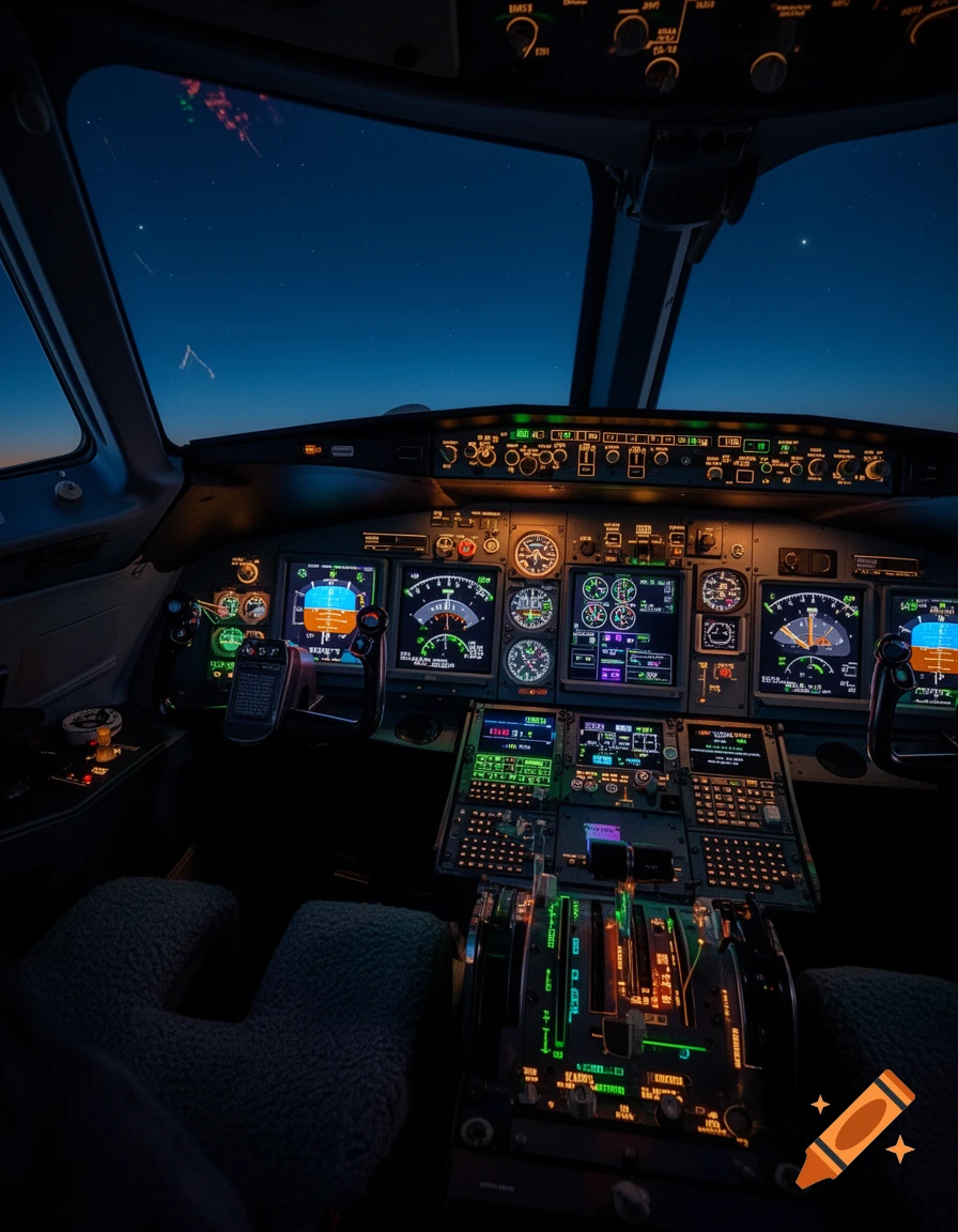 An airplane cockpit at night, with numerous glowing instruments and screens displaying colorful information and gauges.