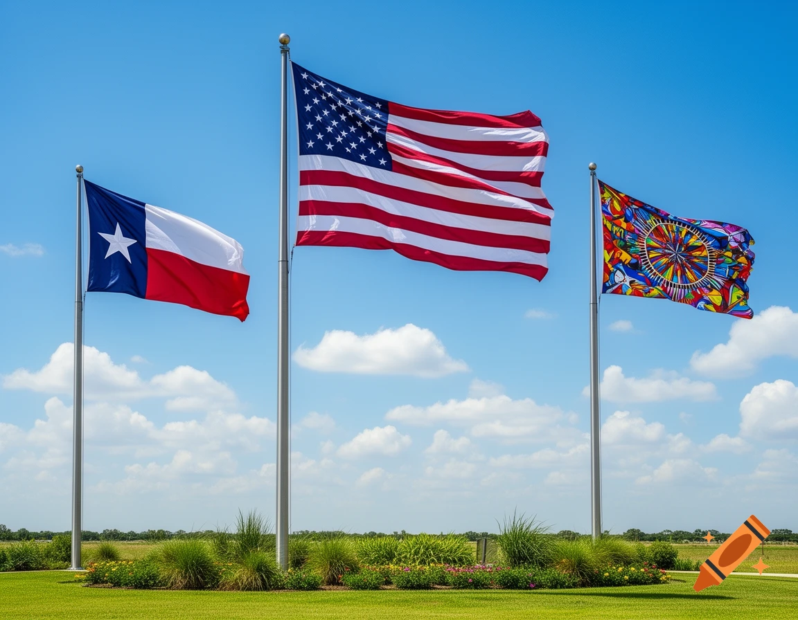 American, Texas, and an abstract colorful flag fly on poles against a blue sky over green grass.