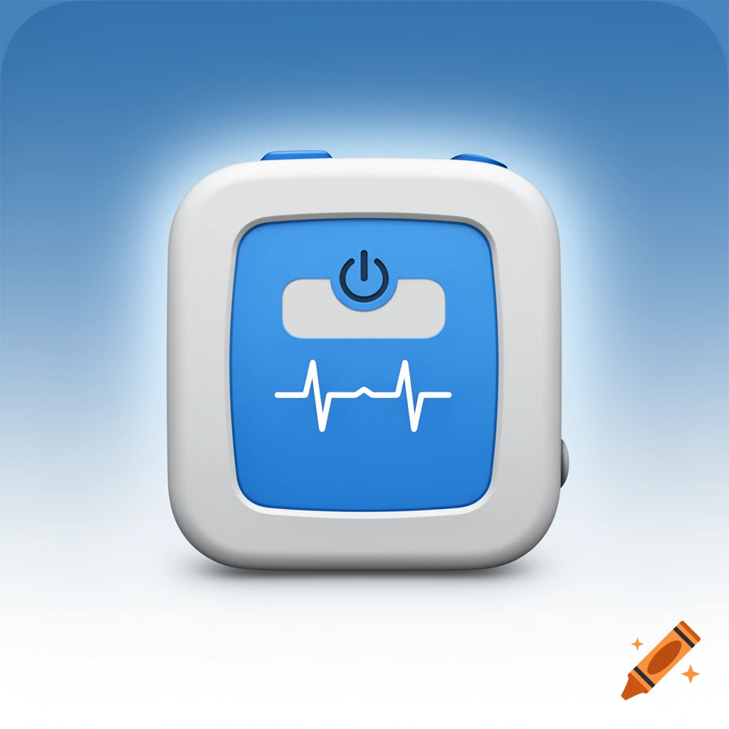 Modern app-style icon of a white and blue medical device with a power symbol and an ECG waveform on its screen.