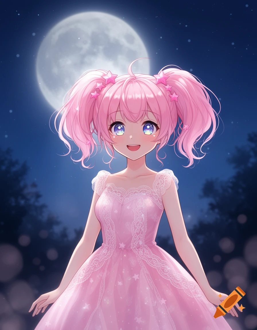 Anime girl with pink pigtails and a pink dress smiling under a full moon at night.