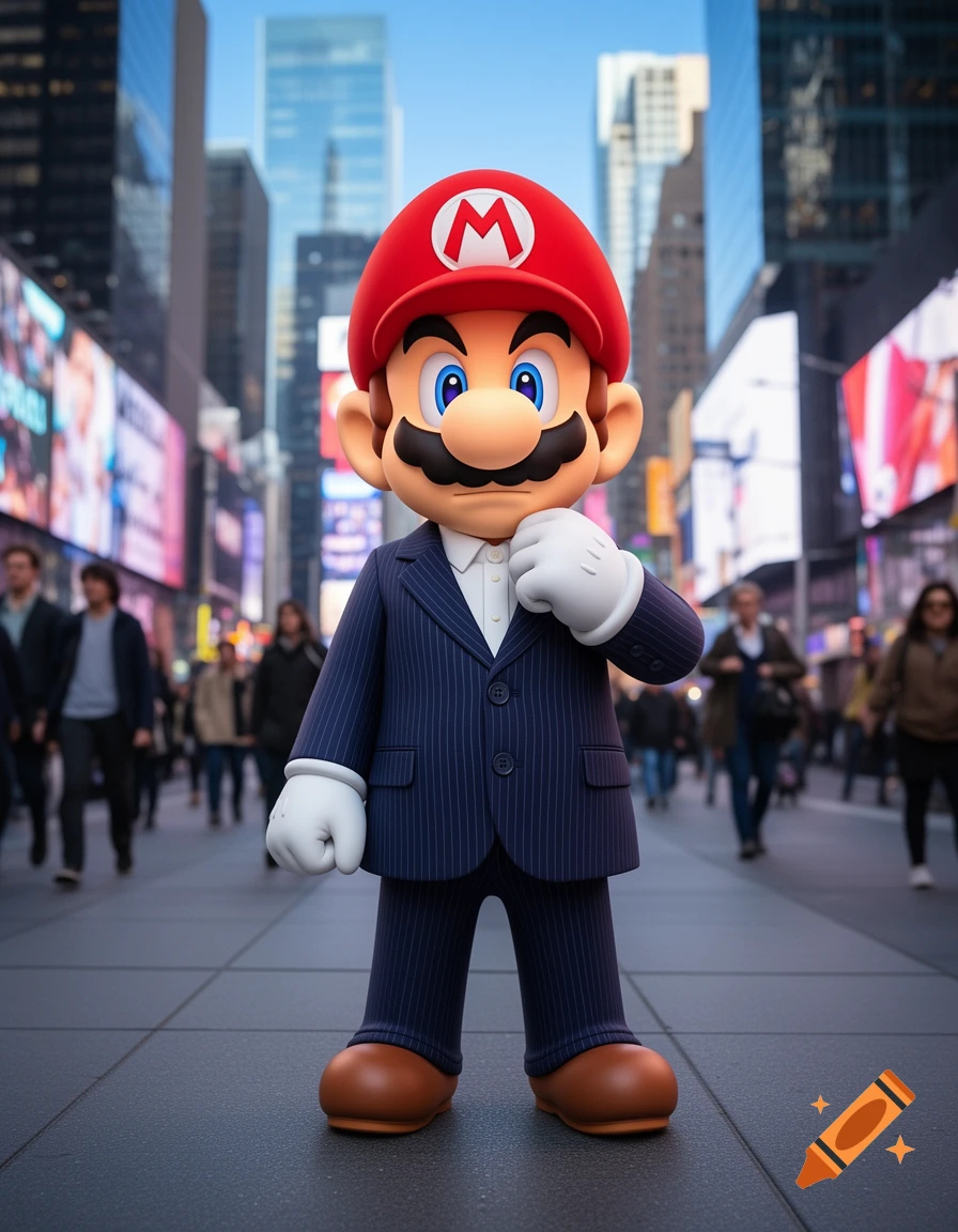 Super Mario, wearing a blue pinstripe business suit and his red cap with an 'M', stands in a bustling city street.