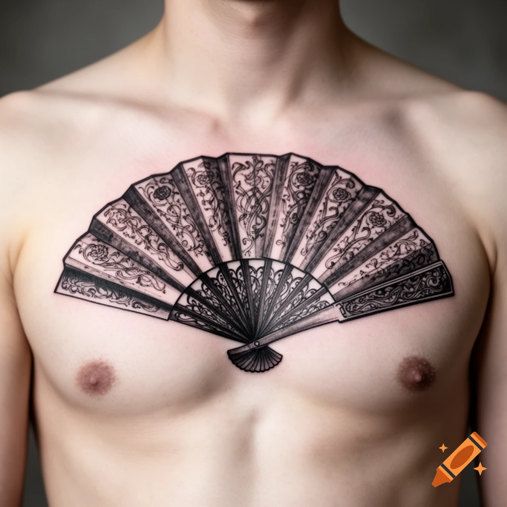 A photorealistic black fan tattoo with ornate detailing on a bare chest.