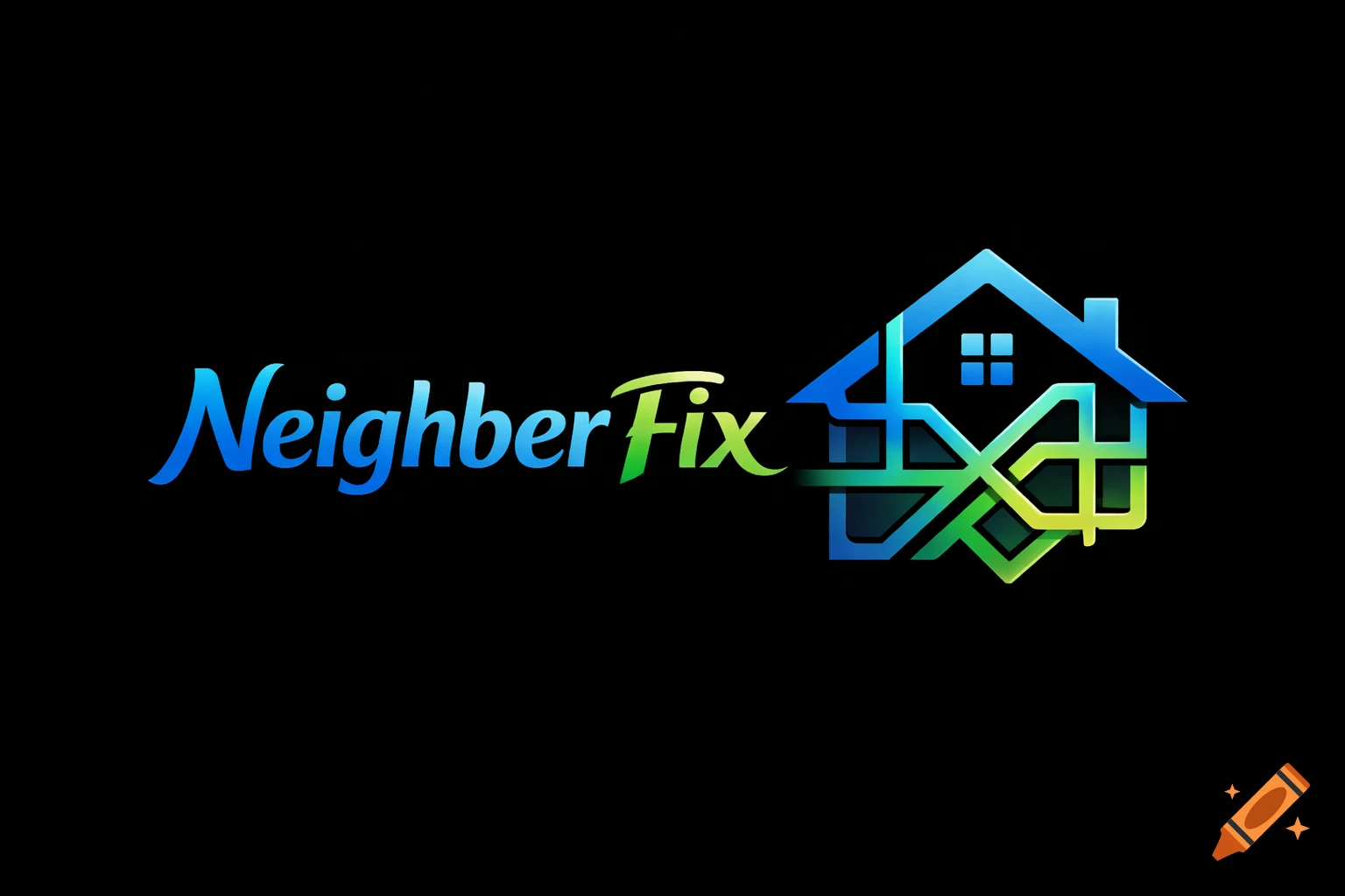 A stylized blue and green logo for 'Neighber Fix' featuring a house icon made of interconnected lines on a black background.