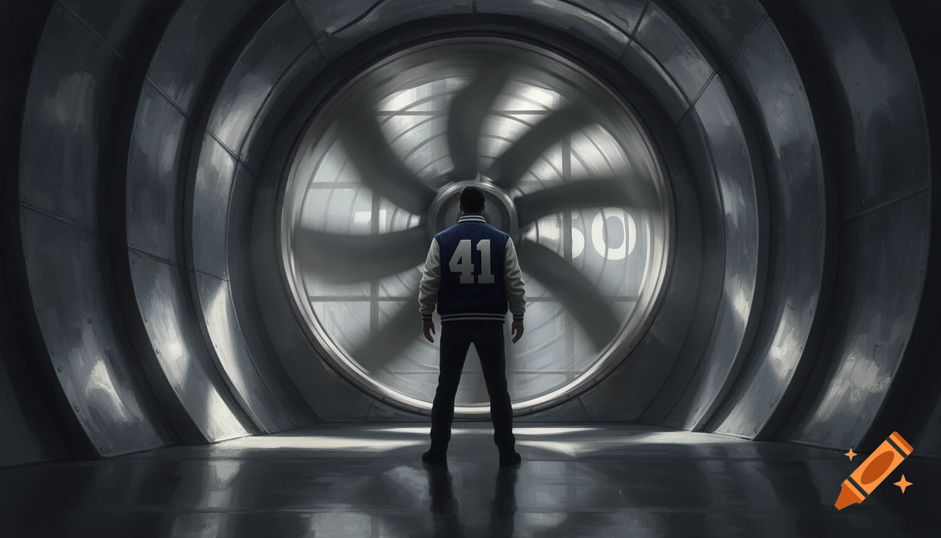 A figure in a blue and white varsity jacket with '41' on the back stands facing a large spinning industrial fan with '50' visible through the blades in a metallic tunnel, cinematic style.