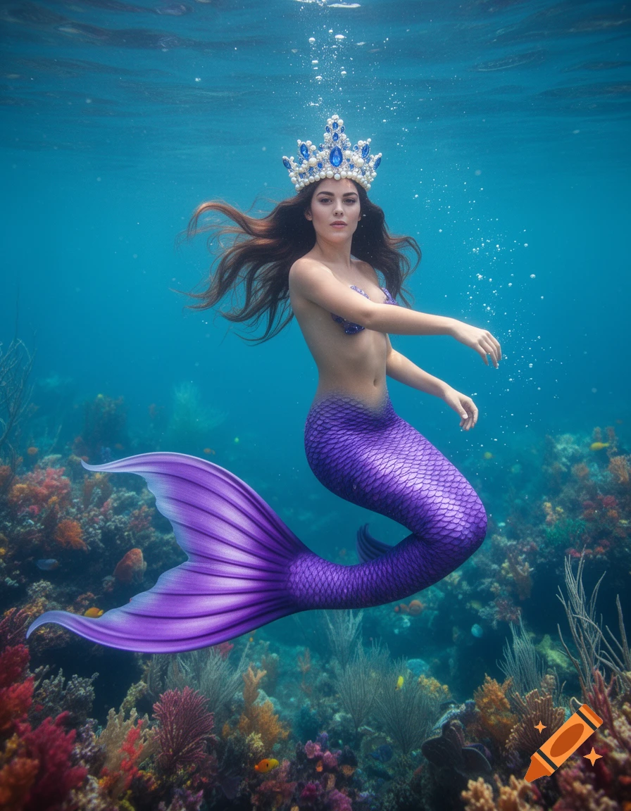 A beautiful mermaid with a blue jeweled crown and a shimmering purple tail swims underwater among colorful coral.
