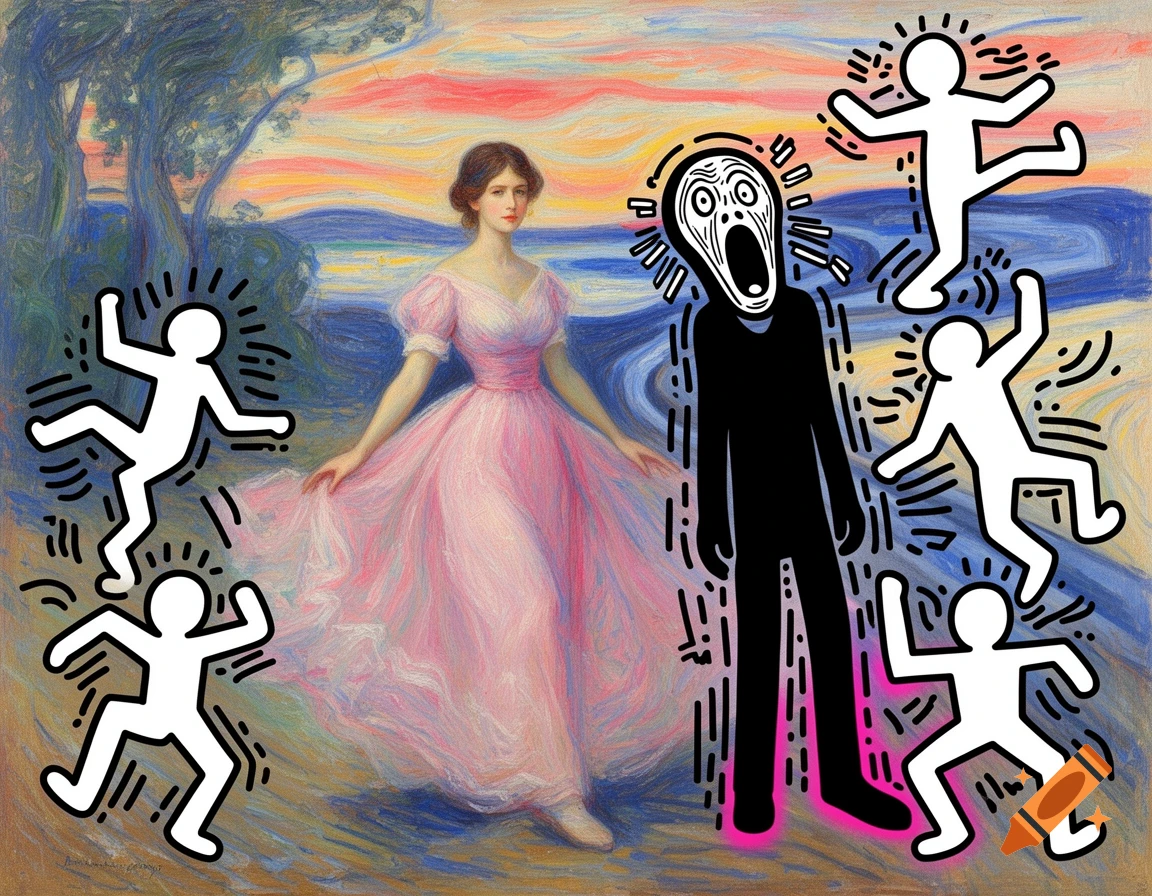 A classical painting of a woman in a pink dress in a landscape, surrounded by a screaming figure and dancing stick figures in pop art style.