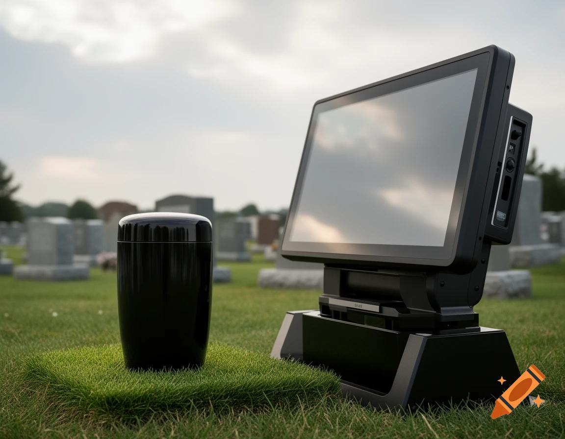 A black urn and a dark-colored touchscreen monitor stand on green grass in a cemetery, under a cloudy sky.