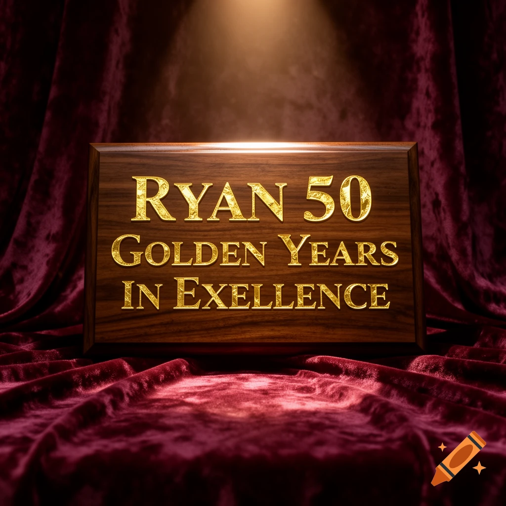 A wooden plaque with golden text reading 'RYAN 50 GOLDEN YEARS IN EXELLENCE' sits on a draped red velvet surface, illuminated by a spotlight.