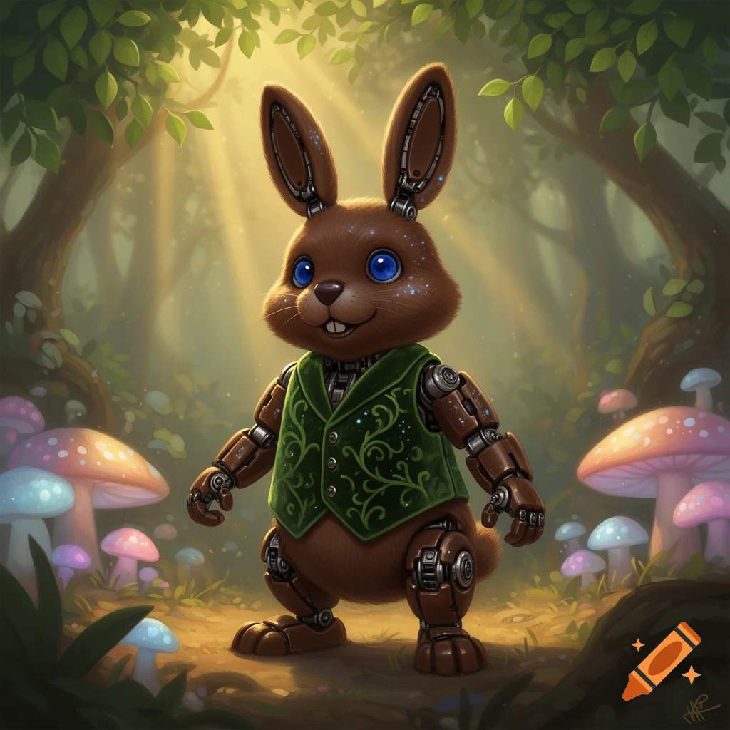 A cute brown animatronic rabbit wearing a green vest stands in a sun ...