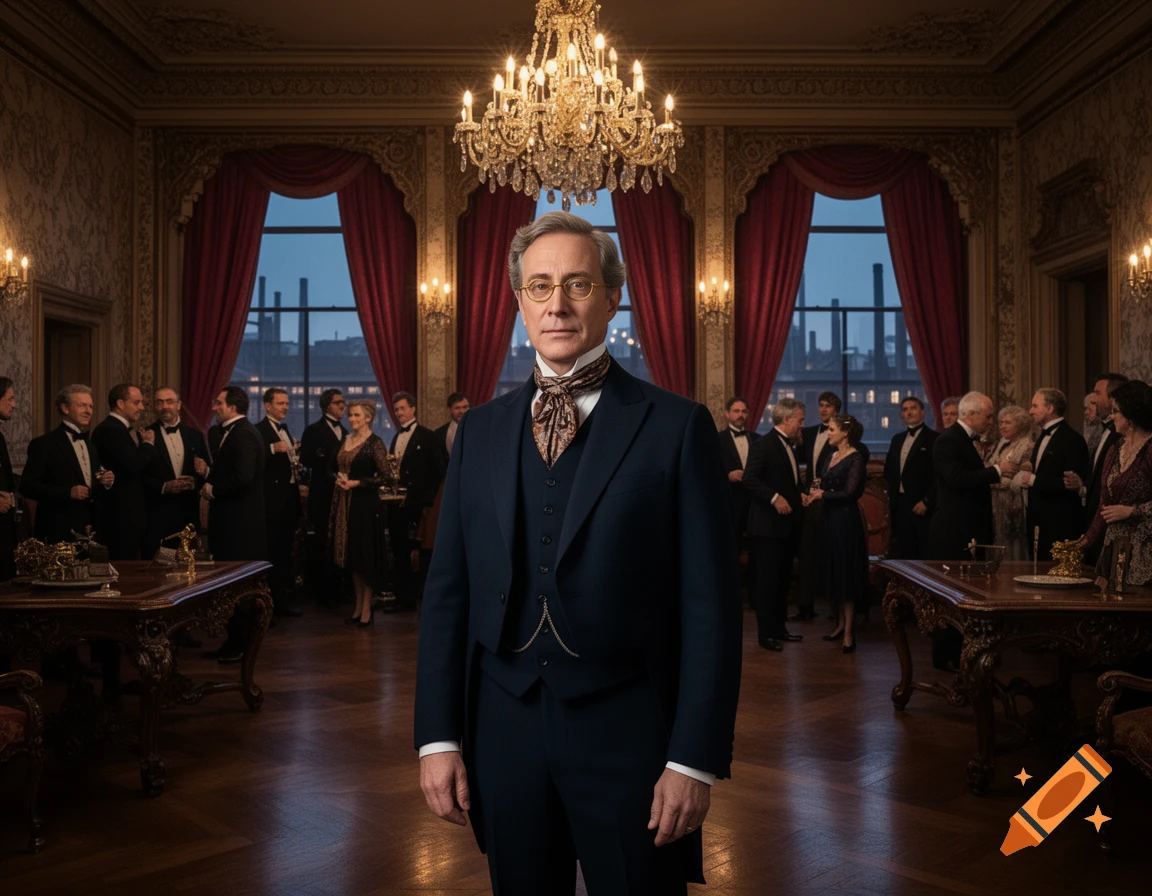 A formally dressed diplomat stands in a grand, richly decorated room during a gathering, with other well-dressed people in the background.