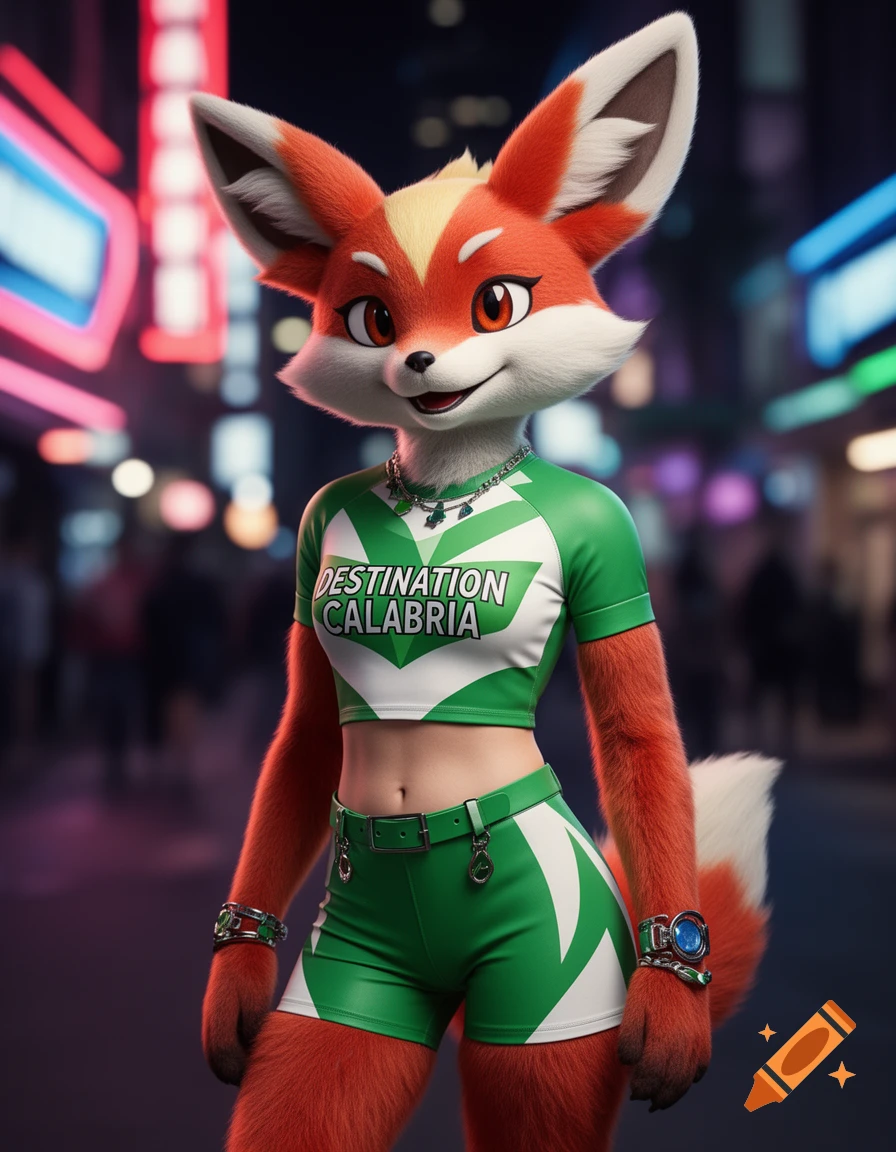 A stylized, furry fox-like character in a green and white 'DESTINATION CALABRIA' crop top and shorts stands in a blurred city at night.
