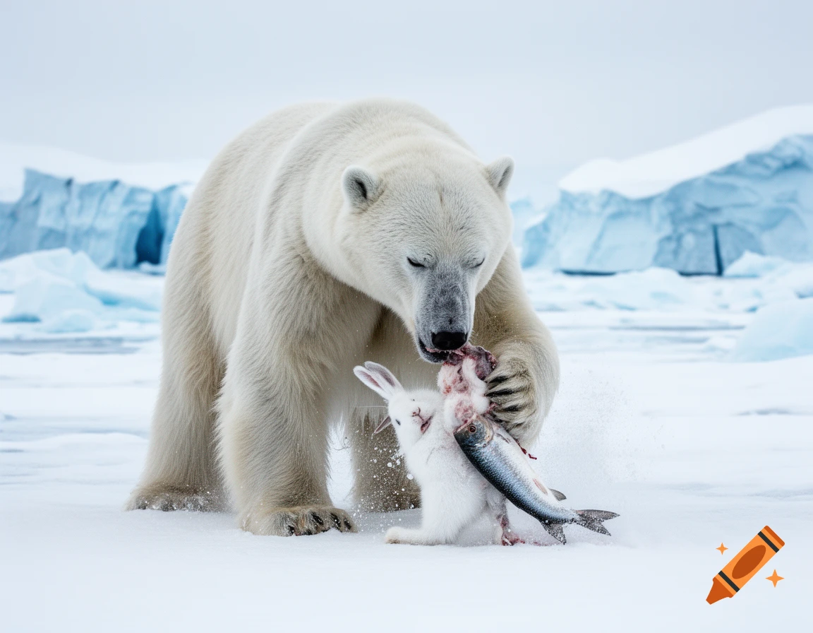 A photorealistic polar bear eats a bloody rabbit and a fish on a snowy arctic plain with icebergs.