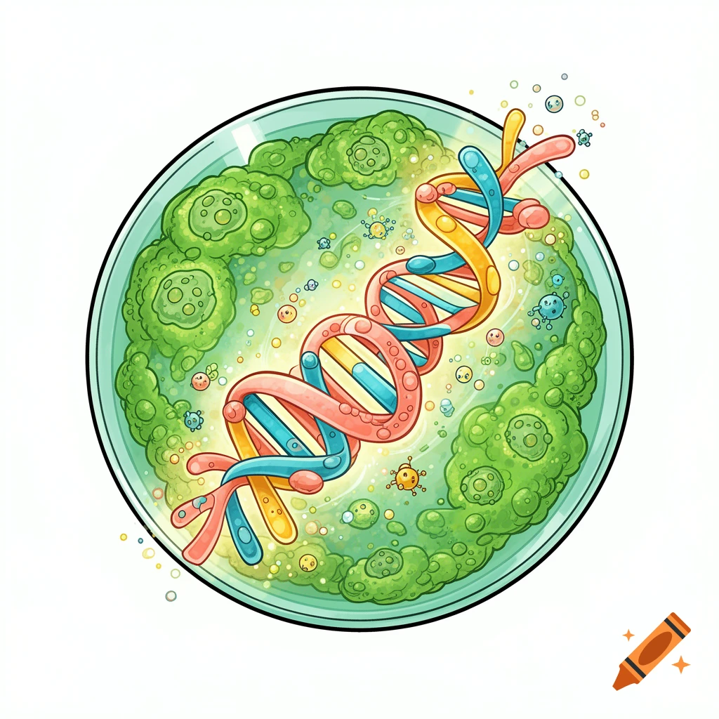 A colorful cartoon DNA helix in a petri dish with green cellular structures and tiny cartoon microbes.