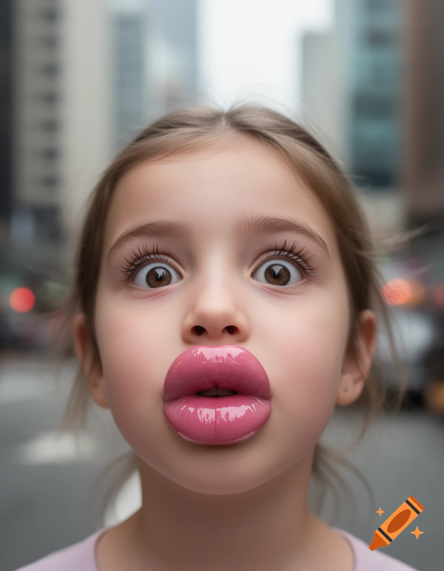 Close-up photorealistic portrait of a young girl with widely open eyes and large, shiny pink lips, in an urban setting.