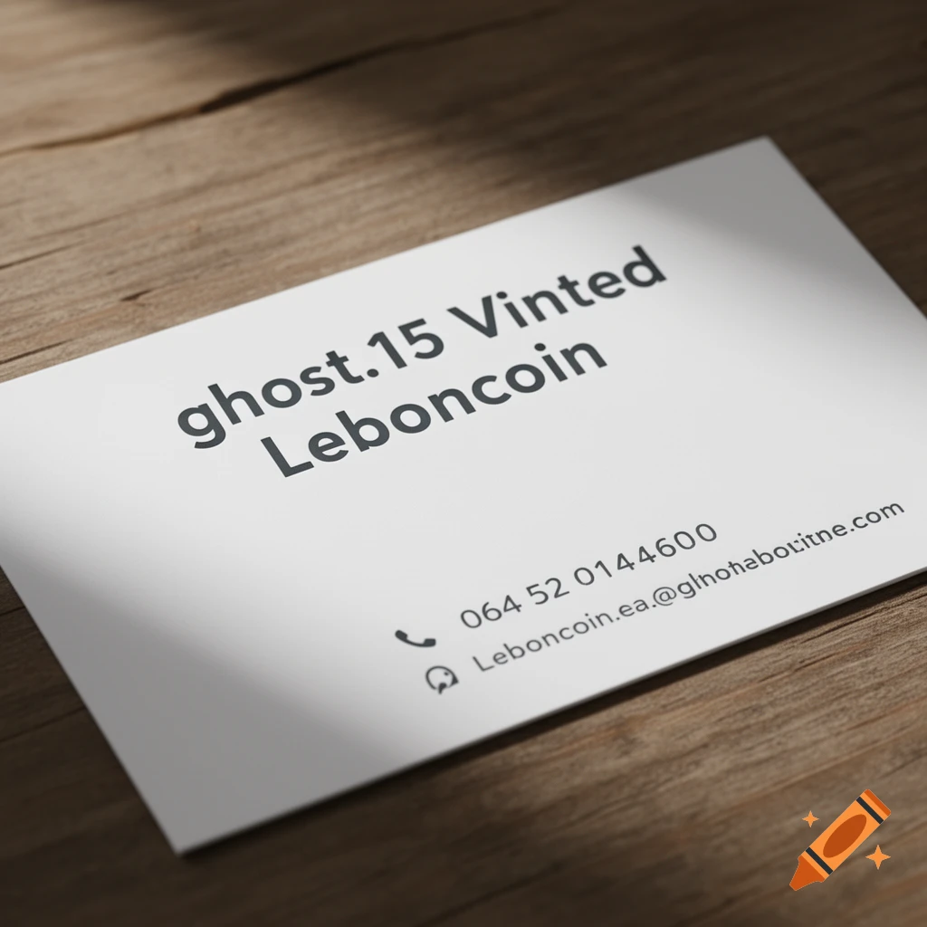 A white business card with contact information on it, including the names "ghost.15 Vinted Leboncoin", a phone number, and an email address, rests on a textured wooden table with a shadow cast across it.