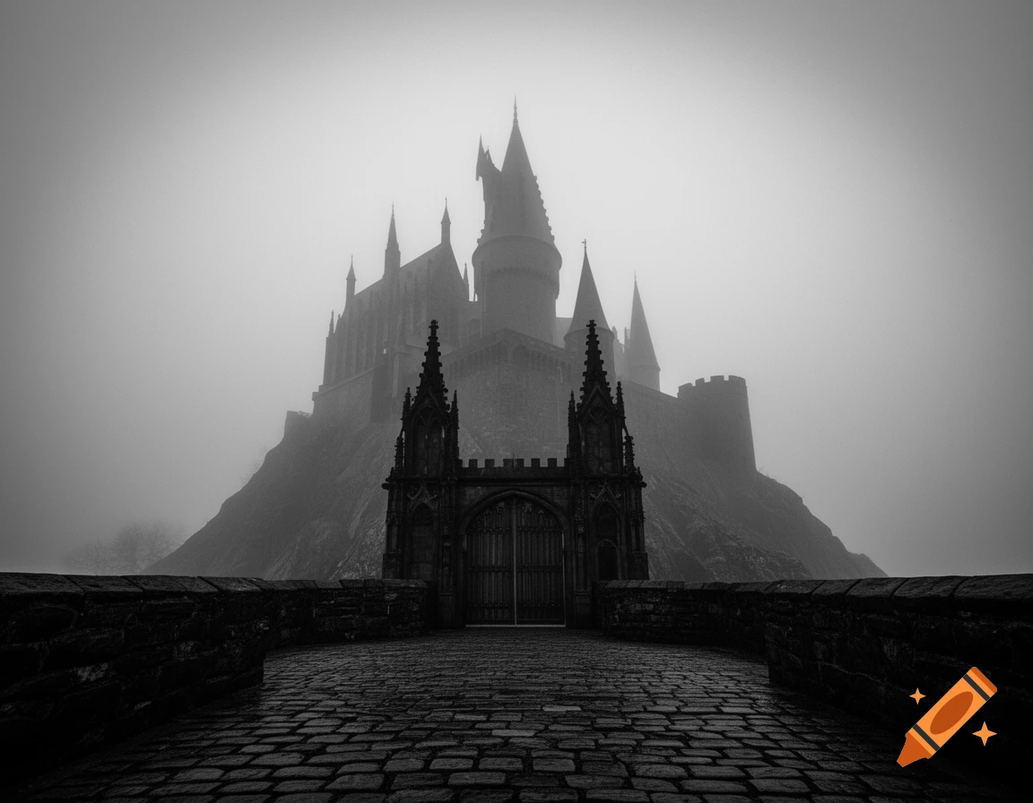 A dark, ominous castle on a rocky hill shrouded in thick fog, viewed from a stone bridge, in black and white.