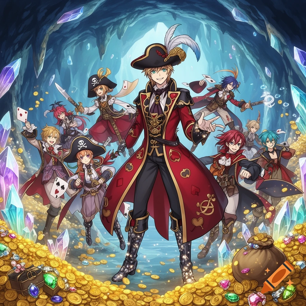 Anime-style group of pirate card soldiers in a treasure-filled magical cave with crystals, holding playing cards and swords.