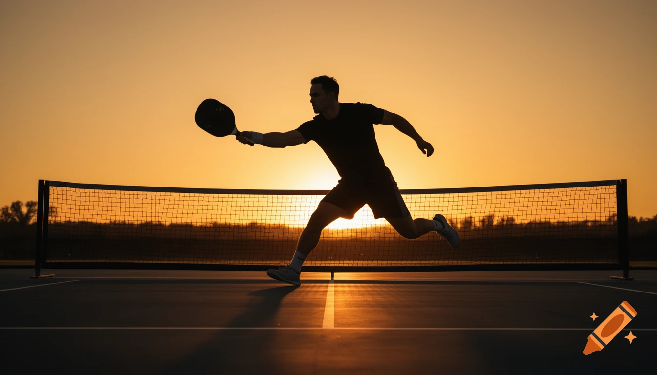 Dramatic silhouette of a man playing pickleball in a dynamic smash pose on a court against a golden orange sunset sky.