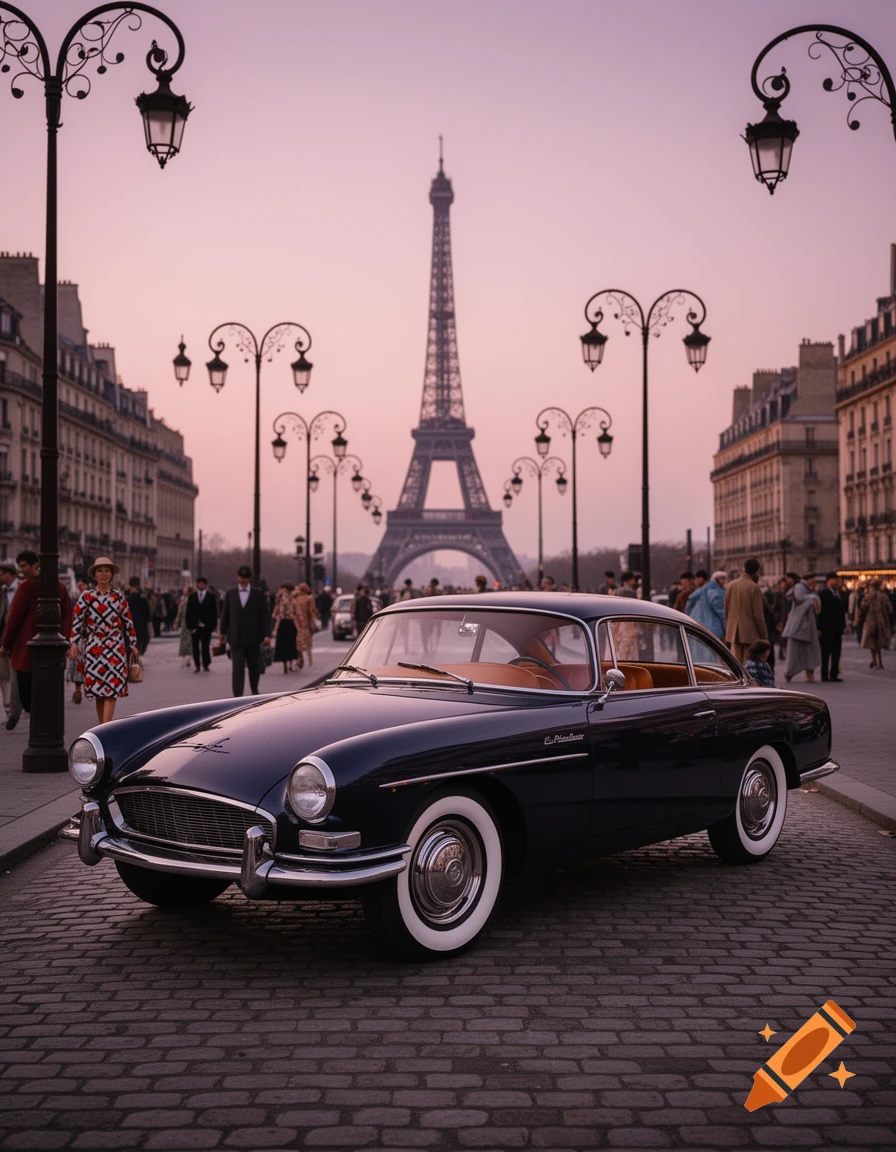 A dark blue vintage car with white-walled tires parked on a cobblestone street in Paris, with the Eiffel Tower in the background at dusk.