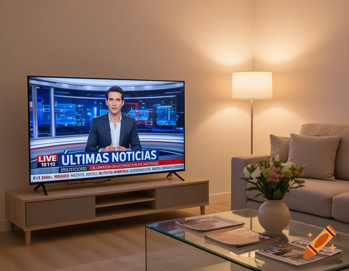 A modern living room with a TV showing a male news anchor. A lamp illuminates a sofa and a coffee table with magazines and flowers.