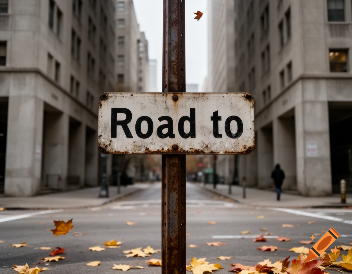A close-up of a rusted street sign reading 'Road to' on a city street with fallen autumn leaves.