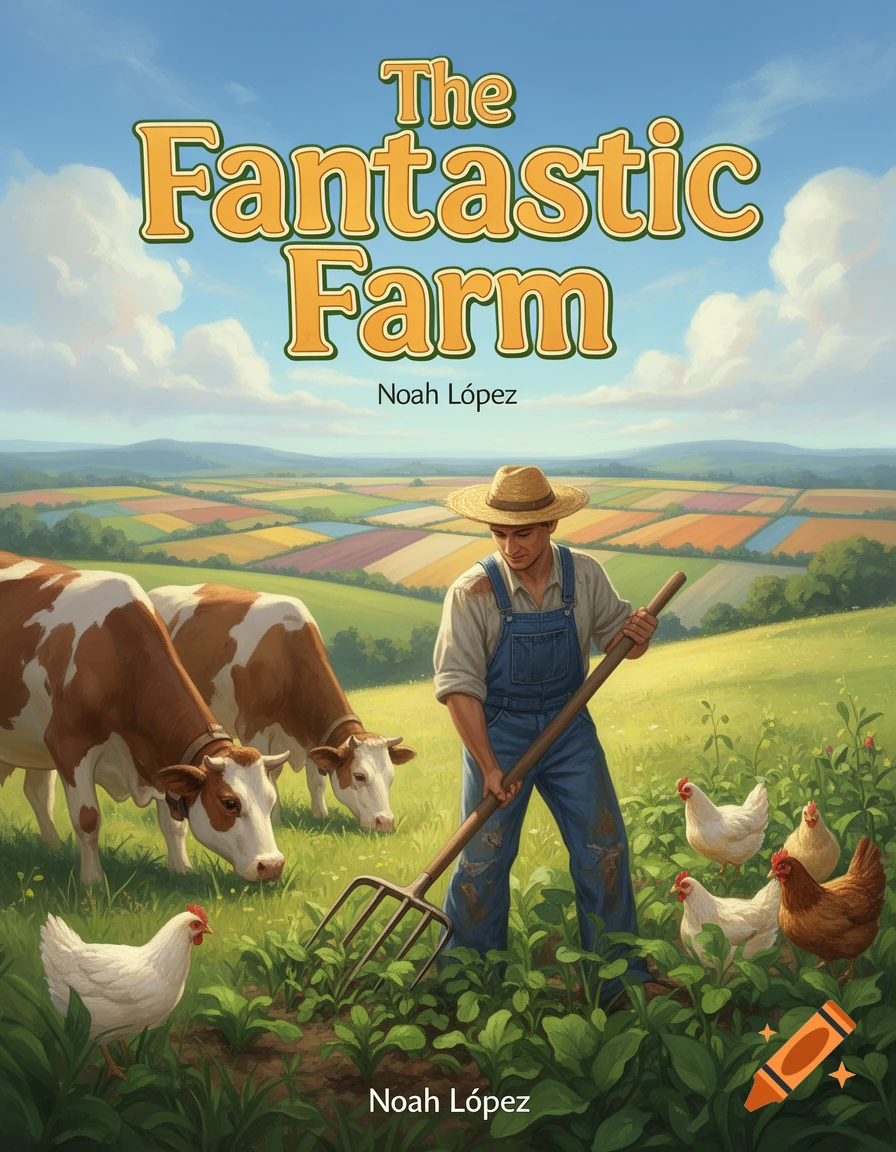 An illustrative image of a farmer with a pitchfork in a green field, surrounded by cows and chickens. Text reads 'The Fantastic Farm' and 'Noah López'.