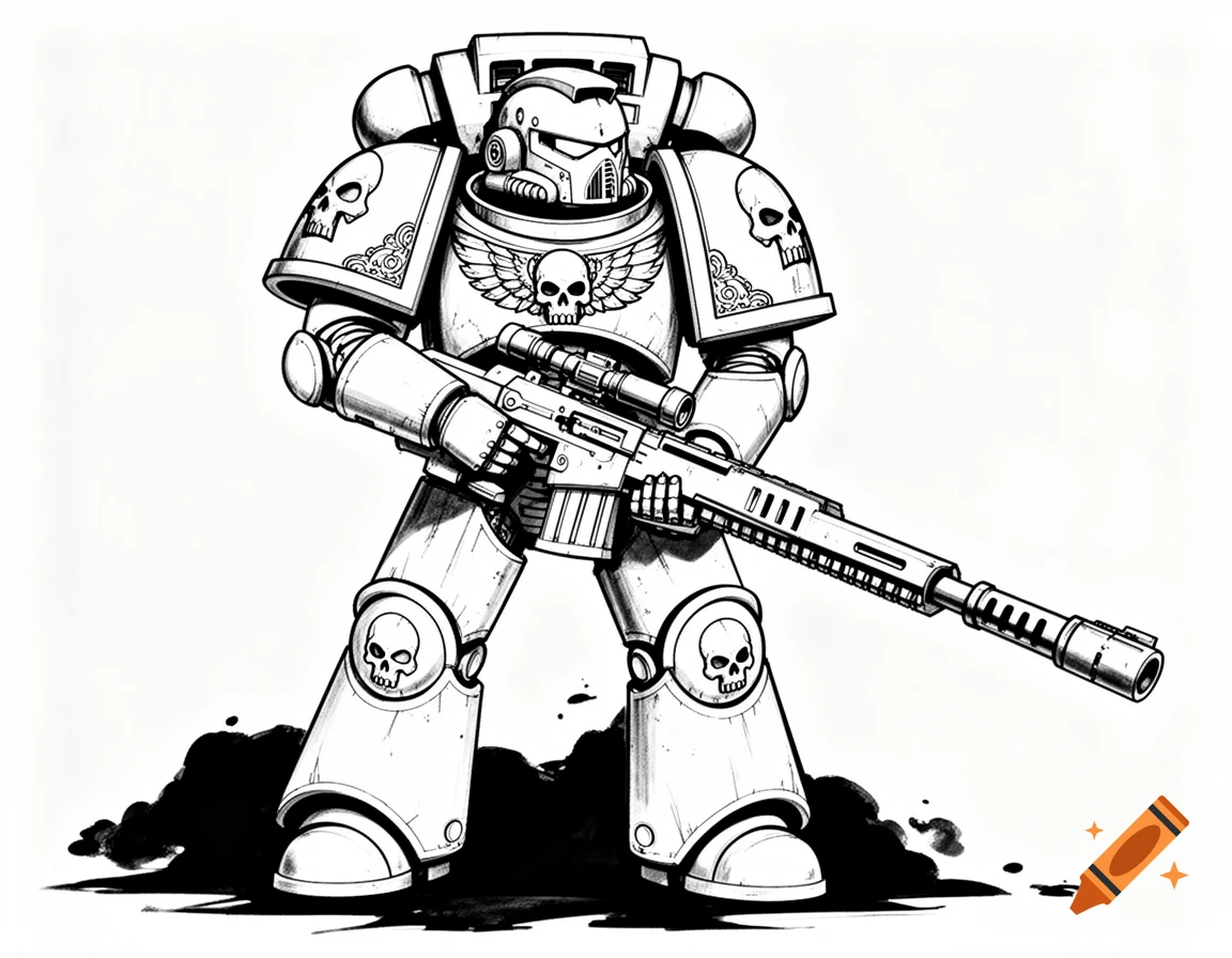 A black and white line drawing of a Warhammer 40k Space Marine in armor, holding a sniper rifle, with stylized ink splatters on the ground.