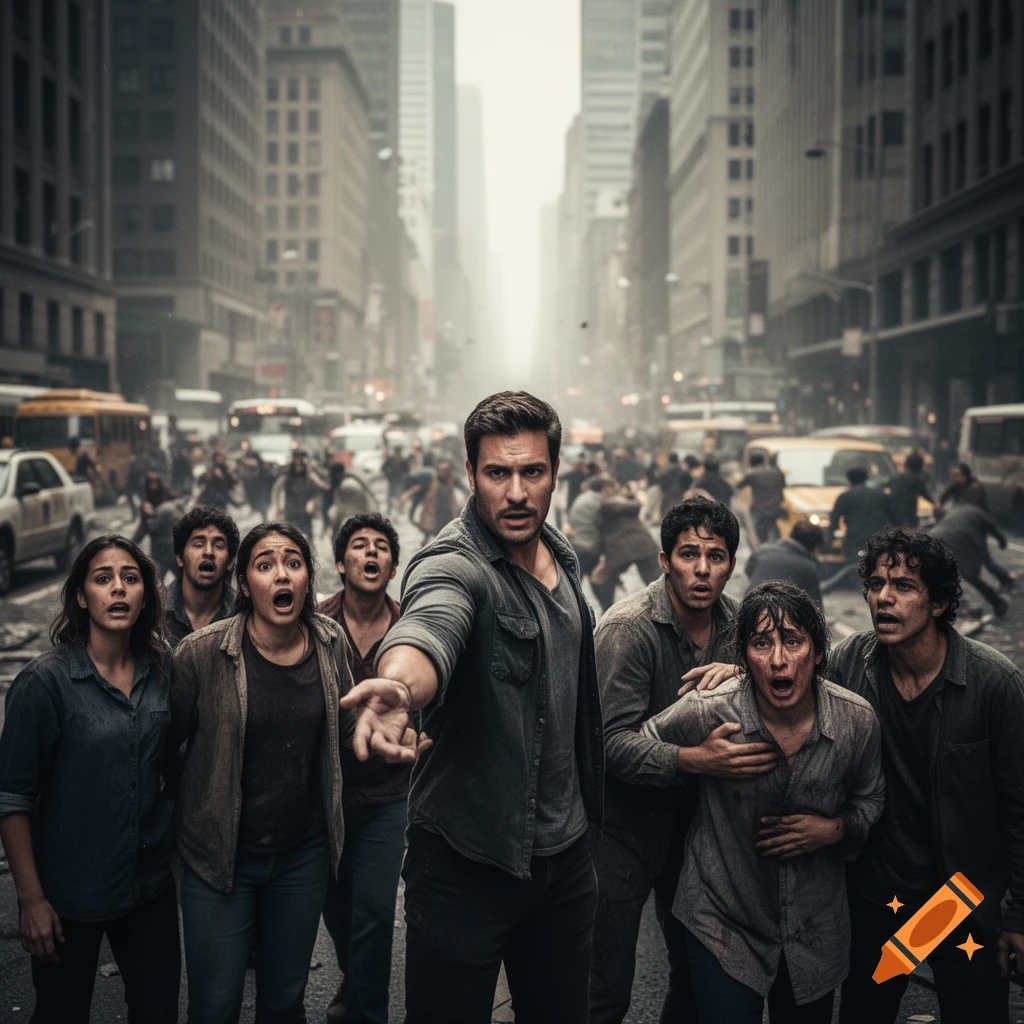 Photorealistic scene of a group of terrified people in a chaotic city street, one man extending his arm, others looking up in alarm.