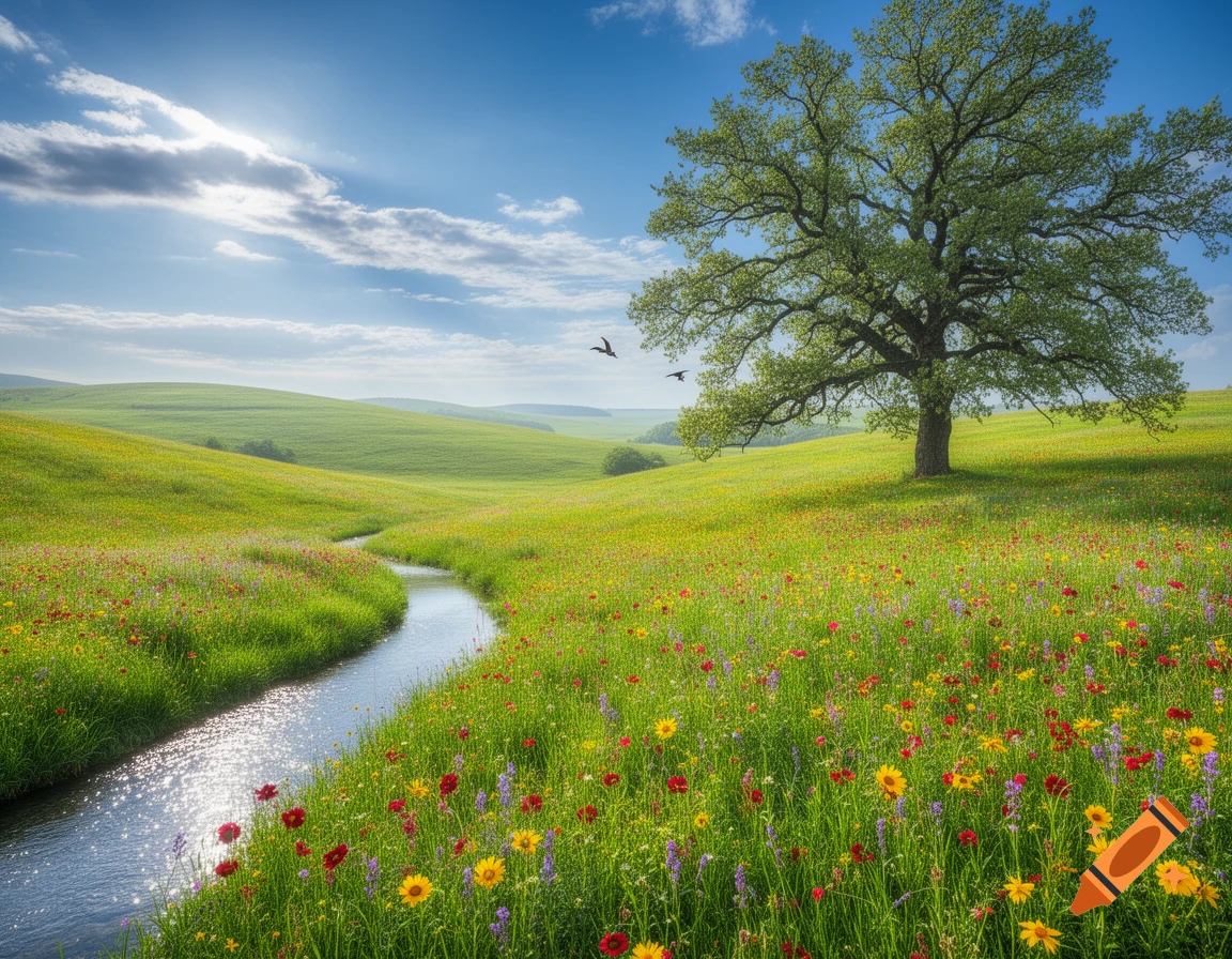 A vibrant spring landscape with a winding stream flowing through a field of colorful wildflowers, a large oak tree, and birds flying under a bright blue sky.