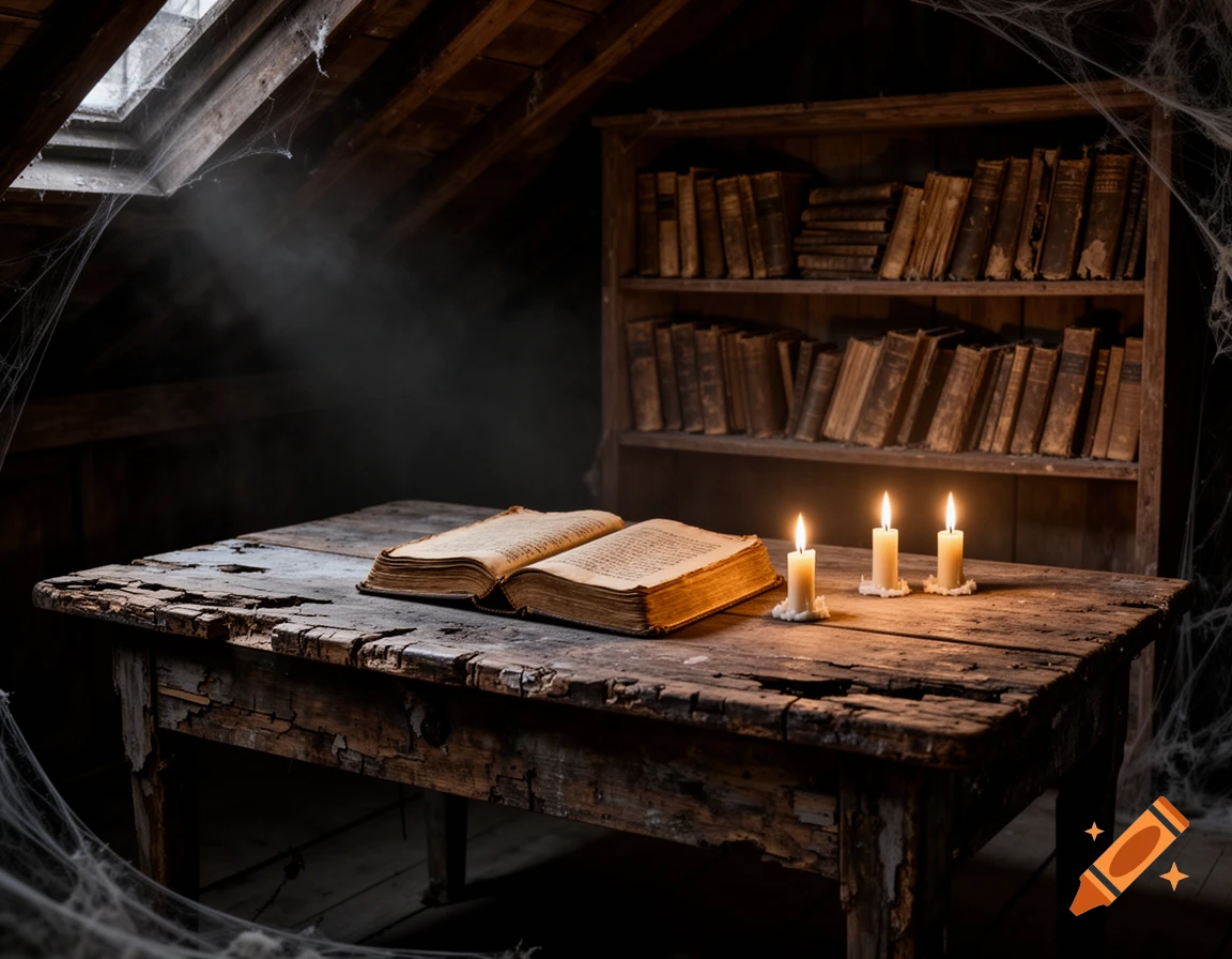 A dark, dusty attic scene with an open old book and three lit candles on a weathered wooden table. Cobwebs hang in corners.