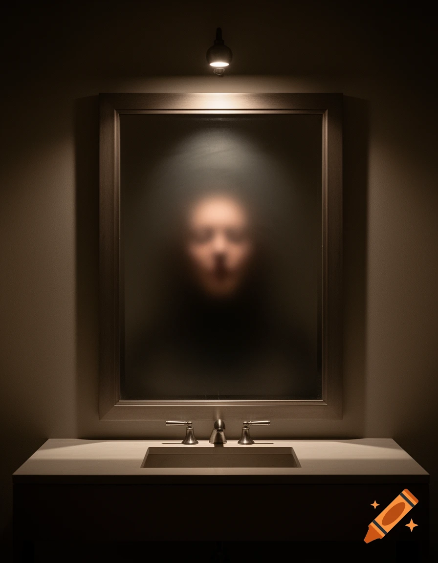 A blurred, mysterious face reflected in a foggy mirror above a dark bathroom sink, lit by a single overhead lamp.