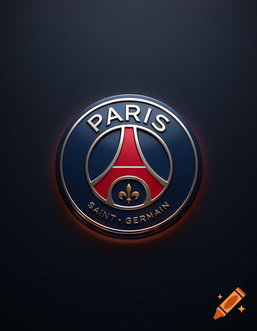 3D render of the Paris Saint-Germain football club logo, featuring the Eiffel Tower and "PARIS SAINT-GERMAIN" text on a dark background.
