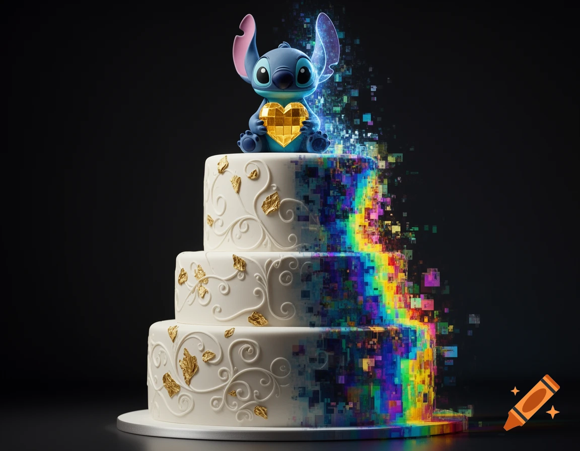 A white tiered cake with gold leaf, transitioning into a pixelated rainbow glitch effect, topped with a glitchy Stitch holding a golden heart.