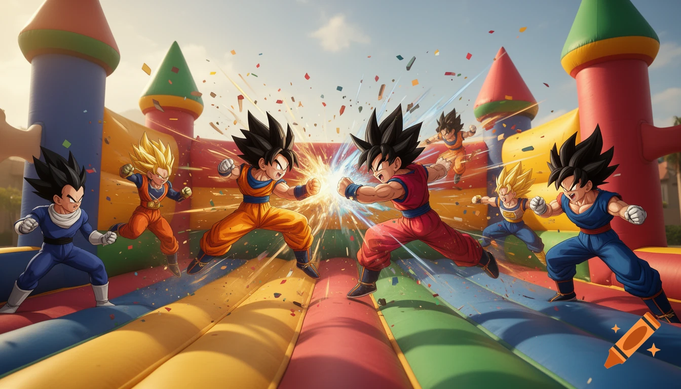 Anime-style Dragon Ball characters fighting with energy blasts on a colorful bouncy castle with confetti falling.