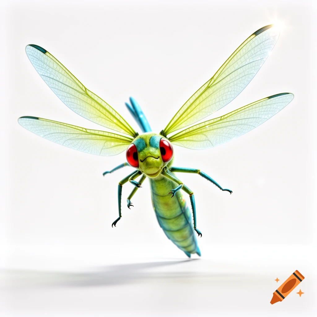 A stylized green and blue insect-like creature with large red eyes and translucent wings hovers against a white background.