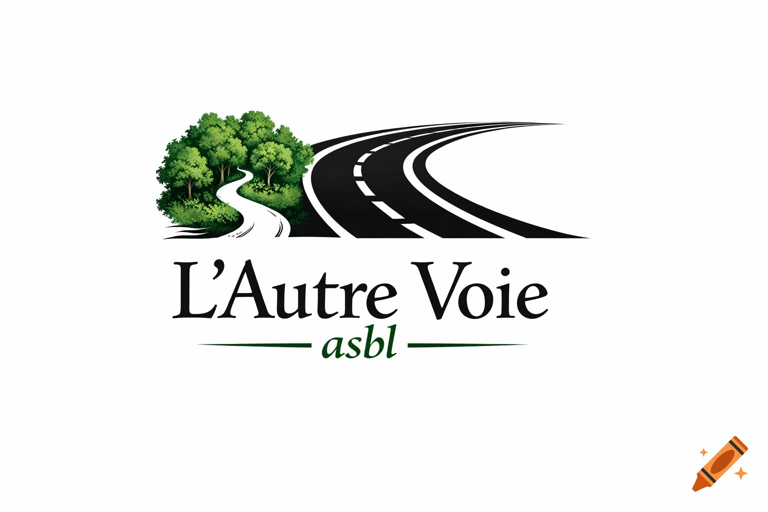 A logo with a black stylized road curving right, a white path branching left into a green forest, and the text L'Autre Voie asbl below.