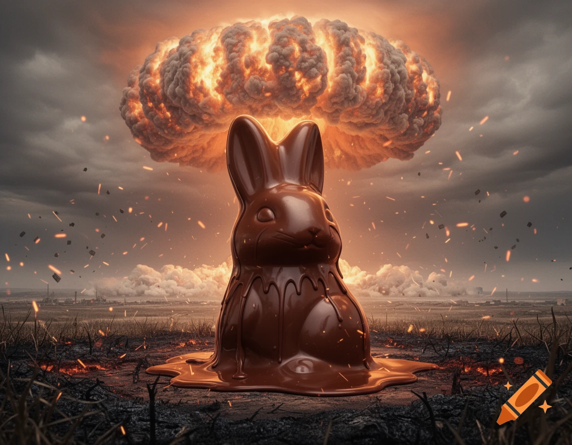 A photorealistic melting chocolate bunny sits on charred ground as a fiery mushroom cloud explodes behind it.