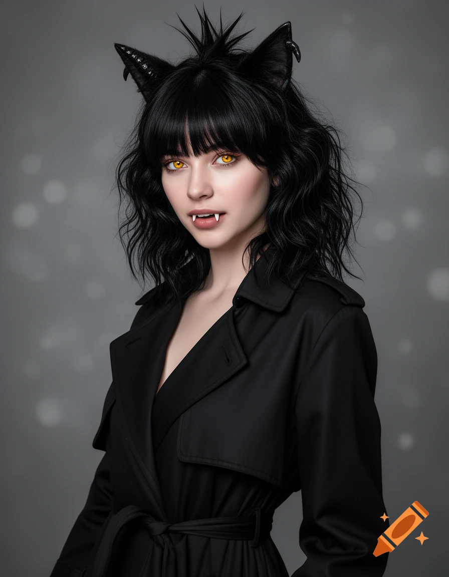 A young woman with black wavy hair, black cat ears, golden eyes, pale ...