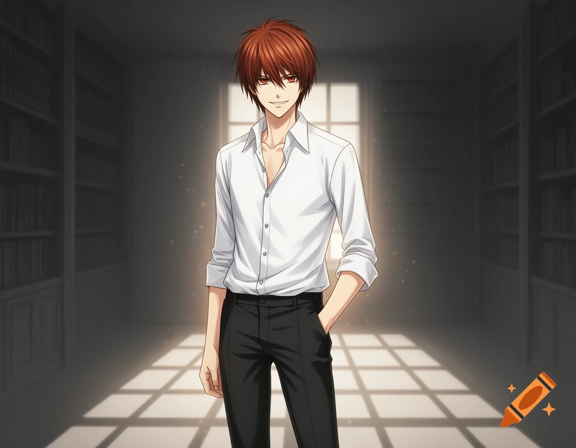 A smiling anime male character with reddish-brown hair and red eyes, wearing a white shirt and black pants, stands in a dimly lit library.