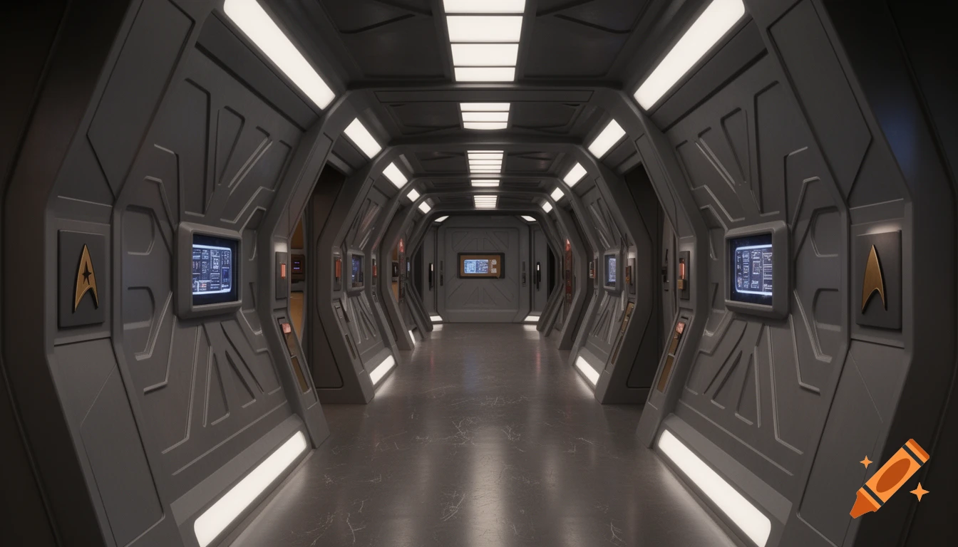 A long, symmetrical, futuristic corridor with illuminated panels and screens on the walls, leading to a closed door at the far end, in the style of Star Trek Deep Space Nine.