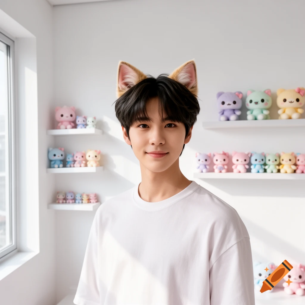 A young man with cat ears smiles in a white room filled with colorful kawaii plush toys on shelves. Photorealistic.