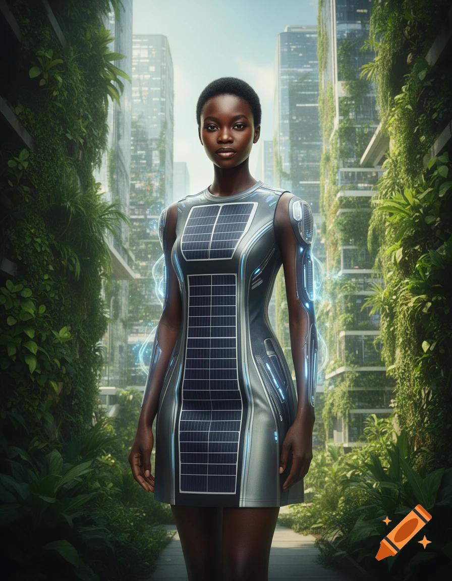 A photorealistic image of a Black woman in a futuristic solar panel dress, standing in a lush solarpunk city.