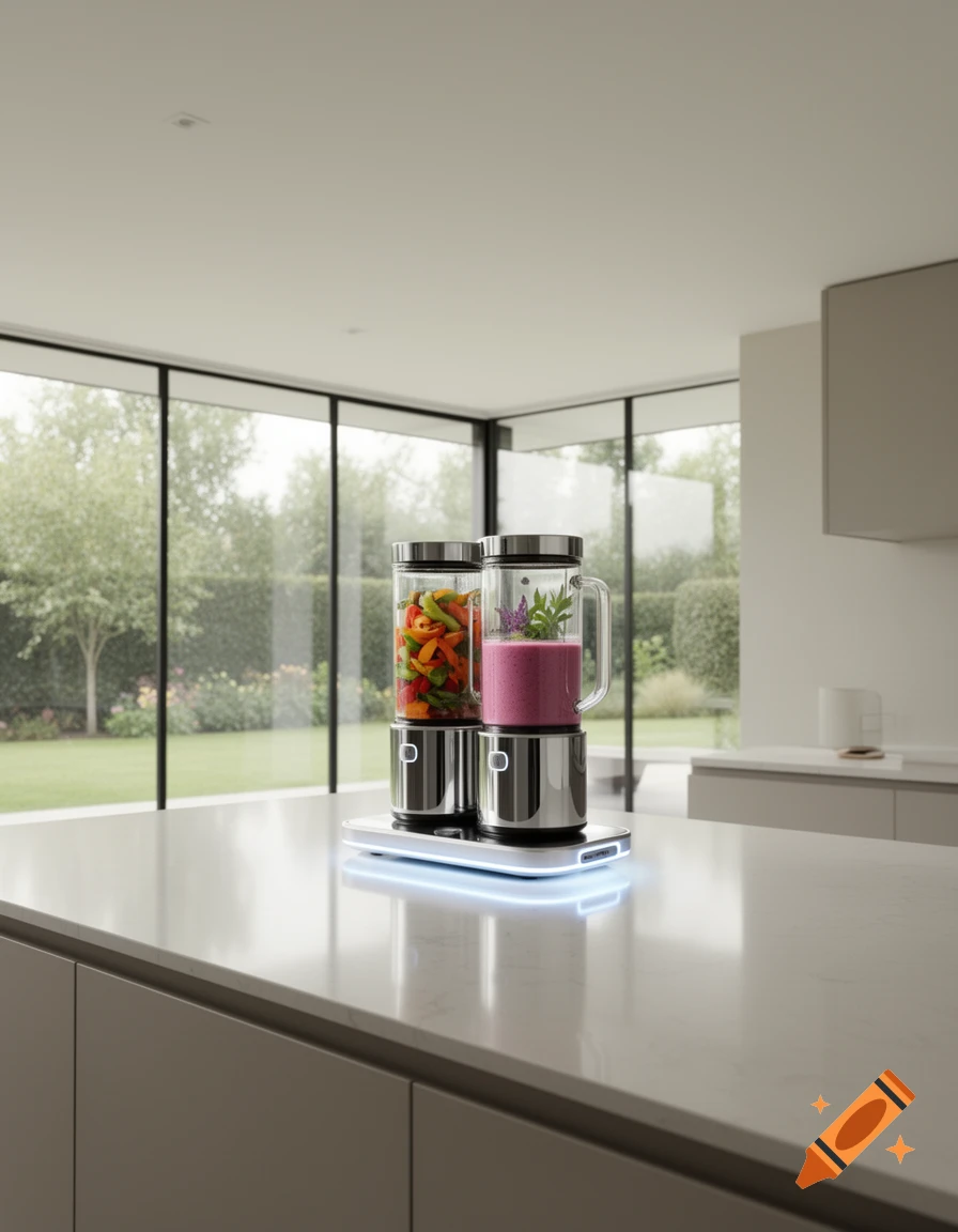 Two blenders, one with vegetables and one with a smoothie, on a glowing base in a modern kitchen with large windows.