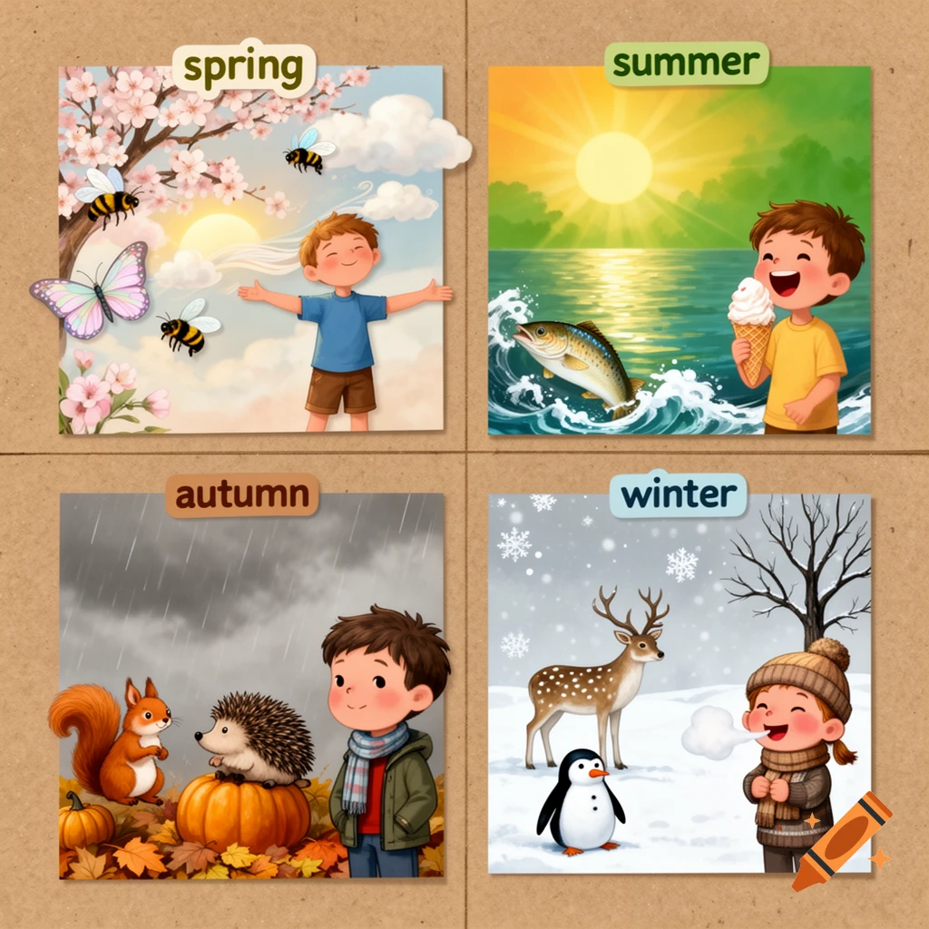 A four-panel illustration depicting the four seasons: spring with a child among cherry blossoms, summer with a child eating ice cream by the sea, autumn with a child, squirrel, and hedgehog, and winter with a child, penguin, and deer in snow.
