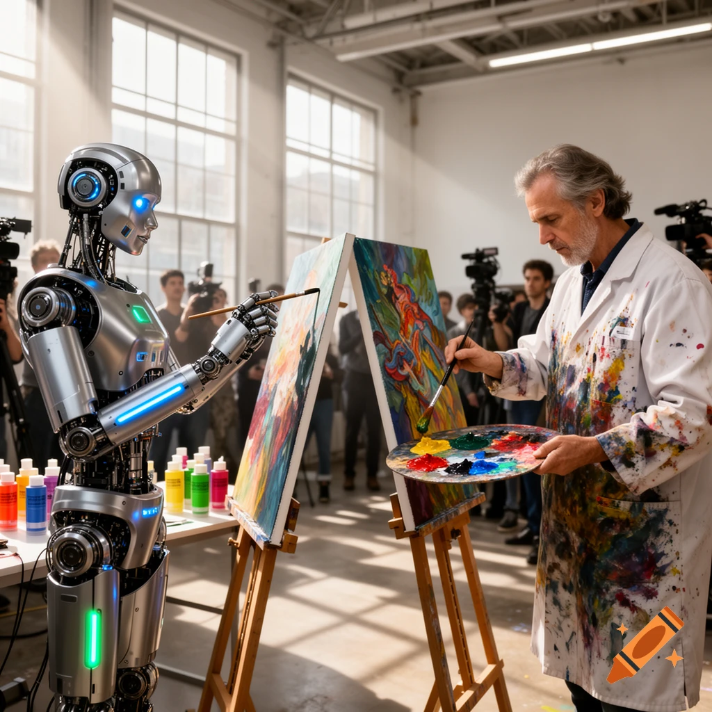 A humanoid robot and an older man paint side-by-side on canvases in a brightly lit art studio, observed by people in the background.